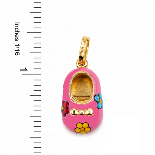 18K Solid Yellow Gold Pink Enamel Shoe Pendant with Flowers
