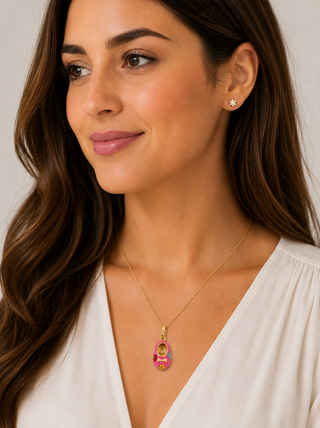 18K Solid Yellow Gold Pink Enamel Shoe Pendant with Flowers