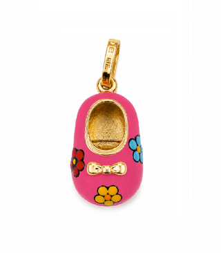 18K Solid Yellow Gold Pink Enamel Shoe Pendant with Flowers