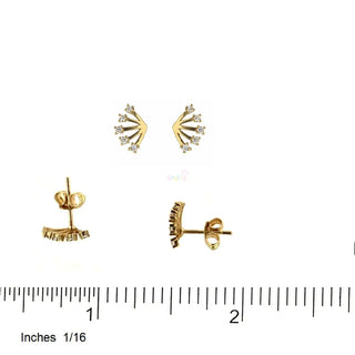 18K Solid Yellow Gold Zirconia Fan design Post Earrings