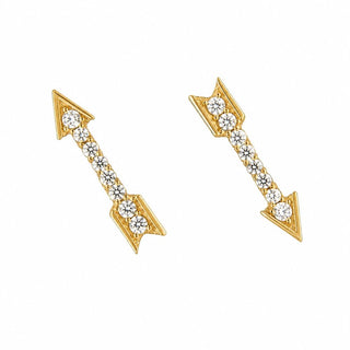 18K Solid Yellow Gold White Zirconia Arrow Post Earrings