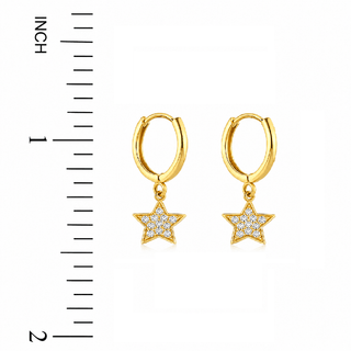 18K Yellow Gold Zirconia Dangling Star Hinged Hoop Earrings