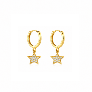 18K Yellow Gold Zirconia Dangling Star Hinged Hoop Earrings