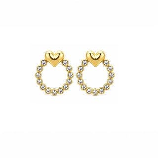 18K Solid Yellow Gold and Zircon Circle and Heart Door Knocker Earrings