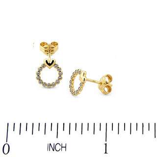 18K Solid Yellow Gold and Zircon Circle and Heart Door Knocker Earrings