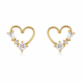 أقراط دبابيس على شكل قلب مفتوح من الذهب الأصفر الخالص عيار 18 قيراط مع الزركونيا