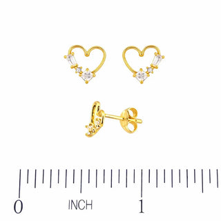 18K Solid Yellow Gold Zirconia Open Heart Post Earrings 