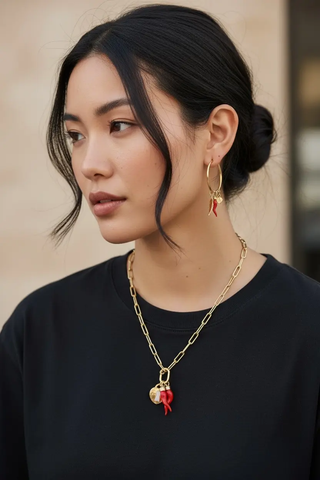 18K Yellow Gold Dangling Heart Red Horn and Feather Hoop Earrings 