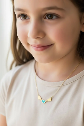 18K Solid Yellow Gold Enamel Hearts Necklace in 3 colors