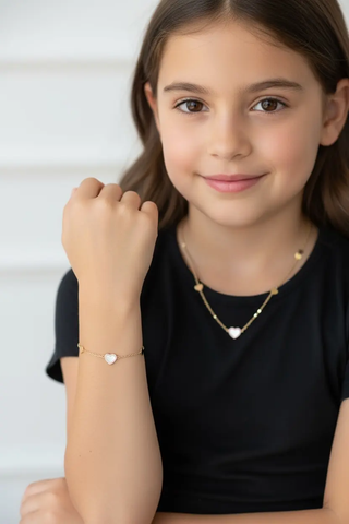 18K Yellow Gold Mother of Pearl Heart Pink Enamel Necklace