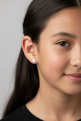 18K Yellow Gold Pave Zirconia shooting Star Post Earrings