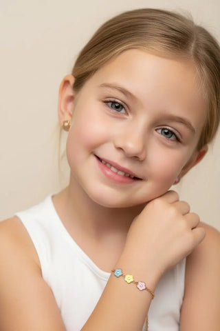 18K Yellow Gold Multi Color Enamel Center Flowers Bracelet