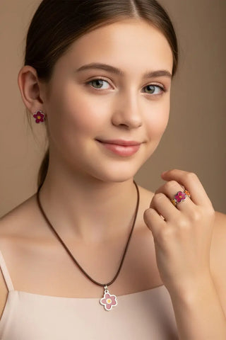 Sterling Silver Red and Orange Enamel Flower Necklace