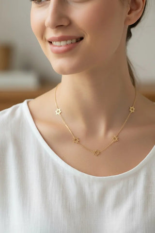 18K Solid Yellow Gold Five Star of David Inline Necklace