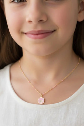 תליון עיגול לב מקרמיקה ורודה ויהלומים מזהב צהוב 18K נמכר