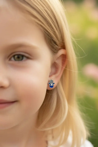 18K Solid Yellow Gold Turquoise Blue Hamsa Post Earrings