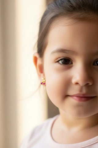 18K Solid Yellow Gold Red Zirconia Cherry Screwback Earrings