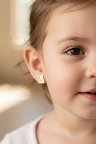 18K Yellow Gold Mother of Pearl Teddy Bear Screwback Earrings