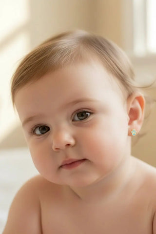 18K Solid Yellow Gold Turquoise Blue Hamsa Post Earrings