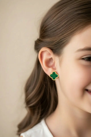 18K Gold Light Malachite or Mother of Pearls Clover Earrings