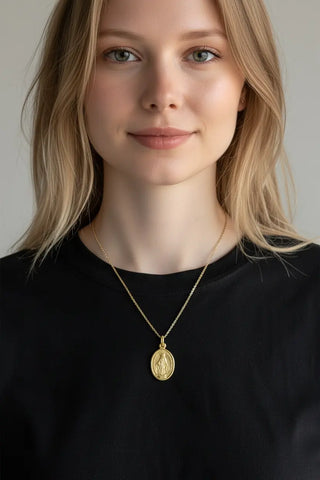 18k Solid Yellow Gold Oval Miraculous Medal Pendant