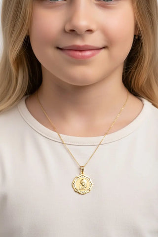 18K Yellow Gold Child Virgin Mary Medal with Frame 20x18 mm.
