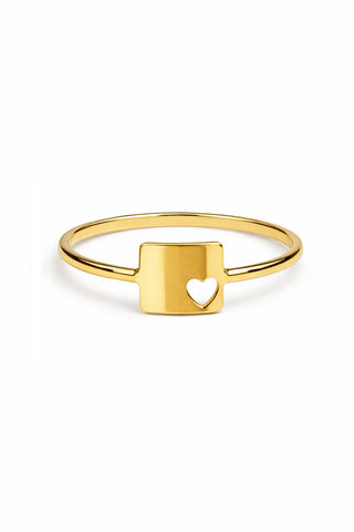18K Solid Yellow Gold Square Ring with Open Heart Cut-Out