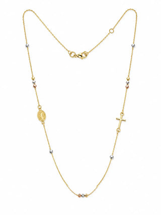 18K Tri-color Gold Diamond-cut Beads Medal and Cross Necklace