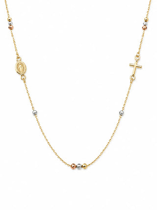 18K Tri-color Gold Diamond-cut Beads Medal and Cross Necklace