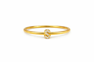 18K Solid Yellow Gold Tiny Diamond Letter S Stackable Ring
