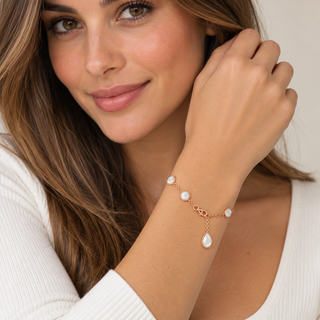 18K Pink Gold White Agate Station Bracelet with Teardrop on a model