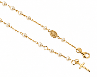 18K Solid Yellow Gold Cultivated Pearls Rosary Bracelet  view of the medal and cross
