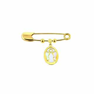 18K Yellow Gold Mother Pearl Angel Oval Medal Safety Pin