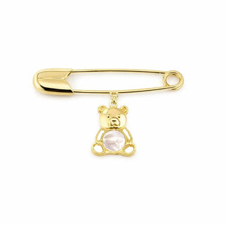 18K Solid Yellow Gold Mother Pearl Teddy Bear Safety Pin