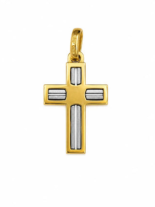 18K Solid Two Tone Modern Polished and Satin Cross Pendant