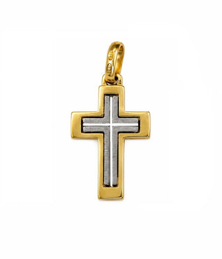 18K Solid Two Tone Modern Polished and Satin Cross Pendant
