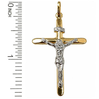 18K Solid Two-Tone Gold Rounded Stick Style Crucifix Pendant
