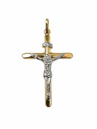 18K Solid Two-Tone Gold Rounded Stick Style Crucifix Pendant