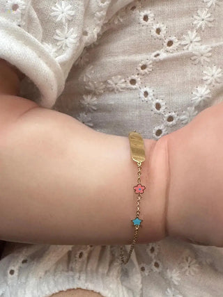 18K Solid Yellow Gold Blue Star and Pink Flower ID Bracelet