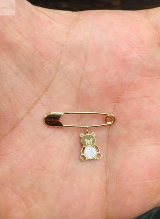 18K Solid Yellow Gold Mother Pearl Teddy Bear Safety Pin