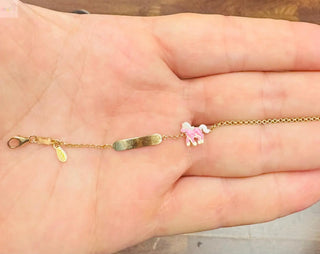 18K Solid Yellow Gold Pink Enamel Unicorn Baby Id Bracelet