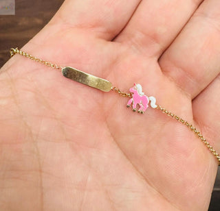 18K Solid Yellow Gold Pink Enamel Unicorn Baby Id Bracelet