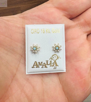18K Yellow Gold Pearls and Turquoise Flower Screwback Earrings