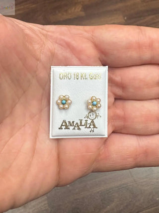 18K Yellow Gold Pearls and Turquoise Flower Screwback Earrings-No prongs