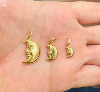 18K Solid Yellow Gold Polished Puffy Moon Face Pendant