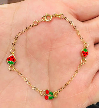 18K Solid Yellow Gold Red Cherry and Strawberry Bracelet