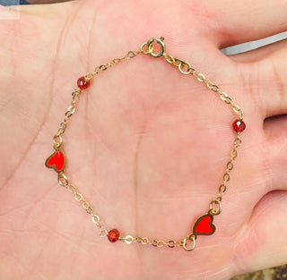 18K Solid Yellow Gold Red Enamel Hearts and Stones Bracelet