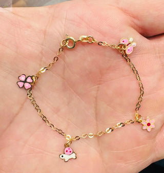 18K Yellow Gold Dangle Butterfly Flowers and Turtle Bracelet