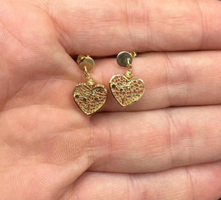 18K Yellow Gold Diamond-Cut Filigree Heart Dangle Earrings