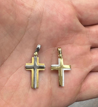18K Solid Two Tone Modern Medium Polished and Satin Cross Pendant